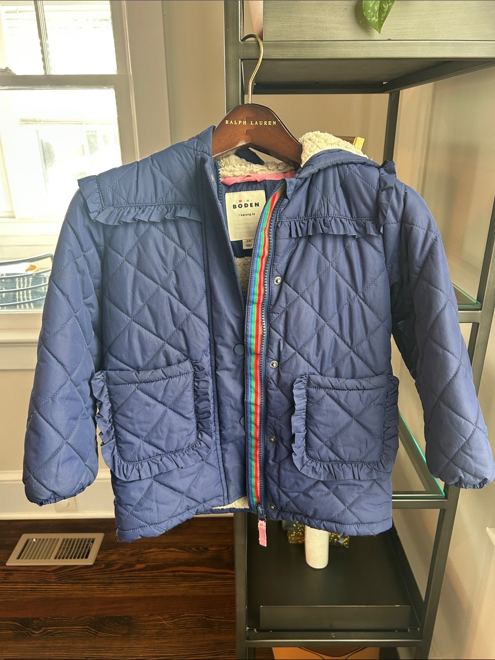 Mini Boden Blue Quilted Kids Puffer Jacket with Rainbow Zip
